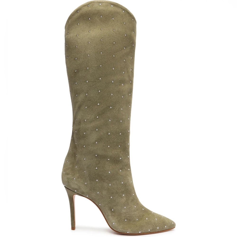 Schutz Olive Green Genuine Leather Embellished Studded Knee High Boots - Picture 4 of 9
